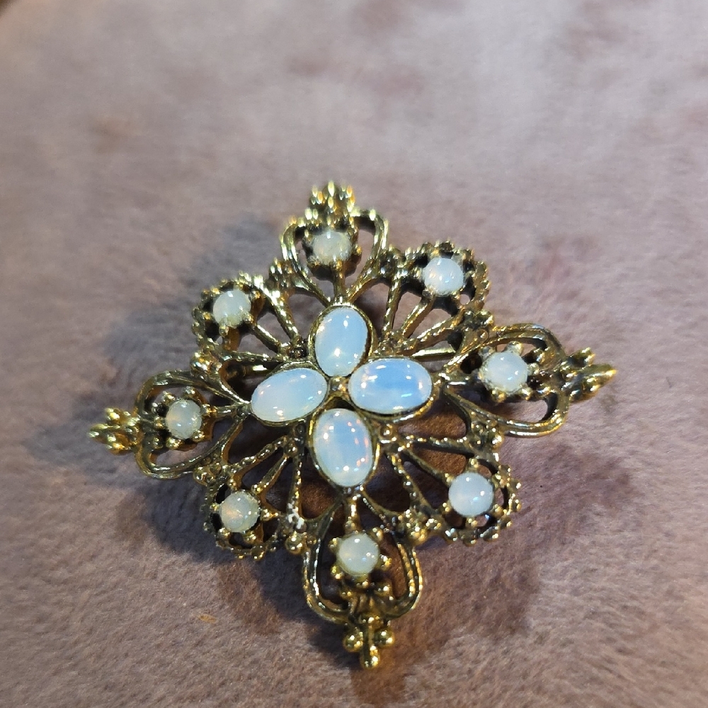 Gold-Tone Opalescent Stone Filigree Floral Brooch - Women's Jewelry